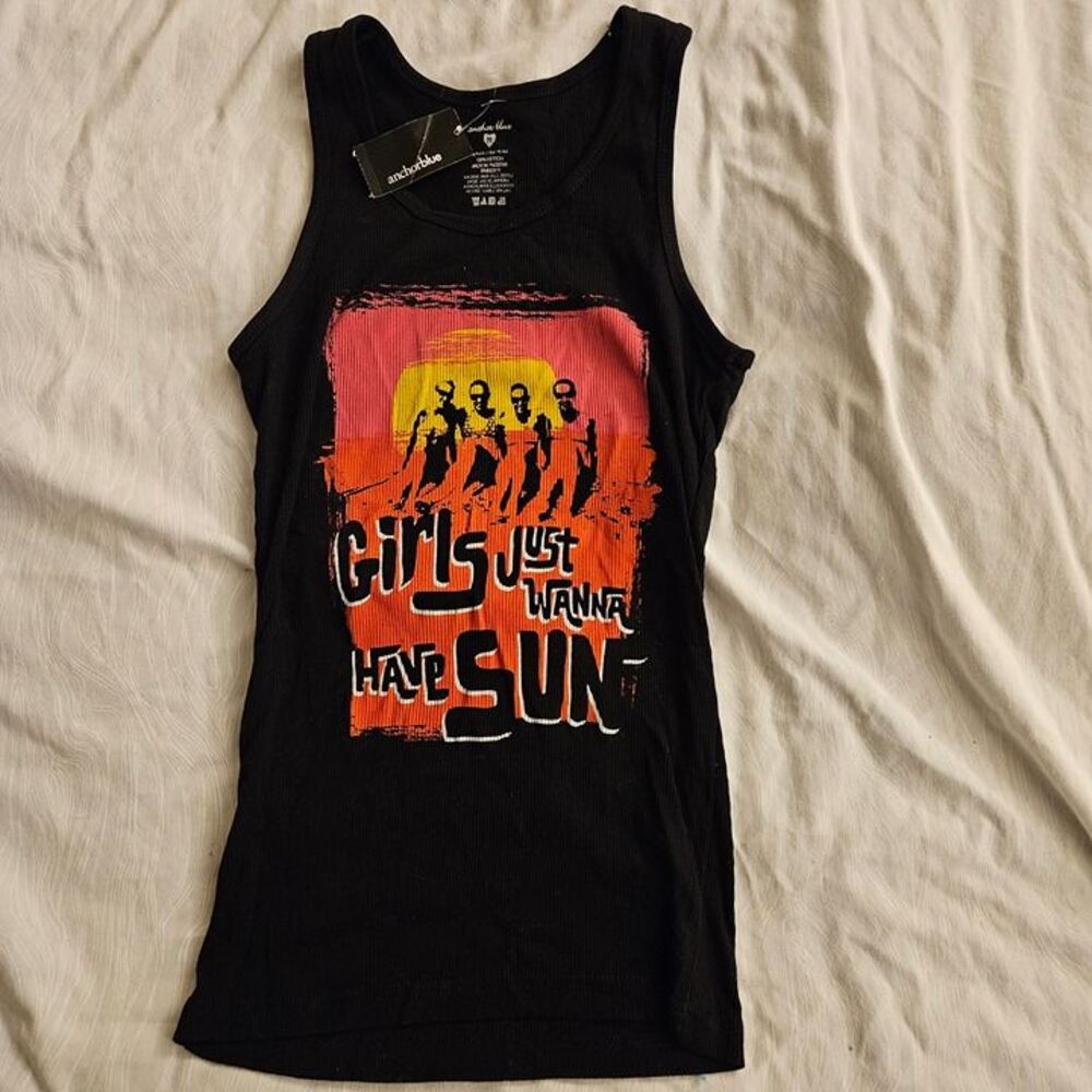 Vintage Jrs M Anchor Blue Tank Girls Just Want To Have Sun Medium Black Stretch